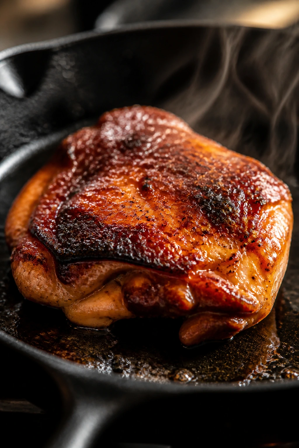 Close-up of perfectly glazed chicken thigh browning in a cast-iron skillet
