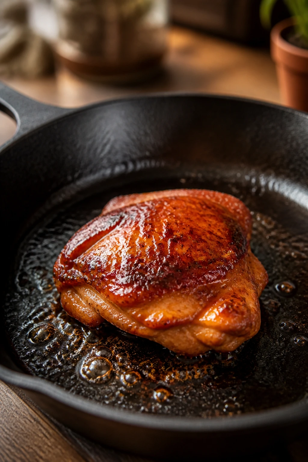 Close-up of a single glazed chicken thigh searing in a hot skillet