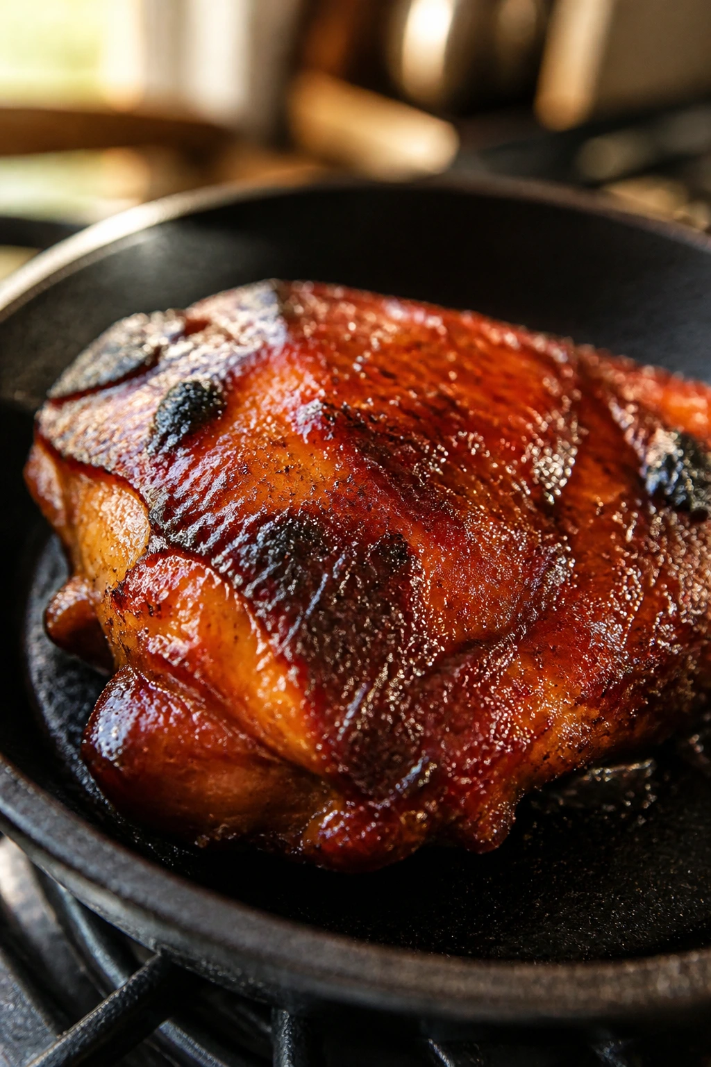 Close-up of juicy BBQ chicken thigh with glossy glaze in cast iron skillet for weeknight dinner