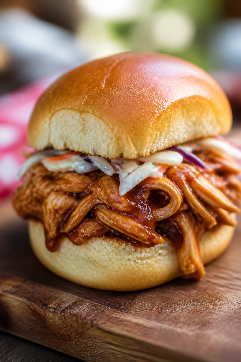Close-up BBQ chicken slider on a bun with sauce