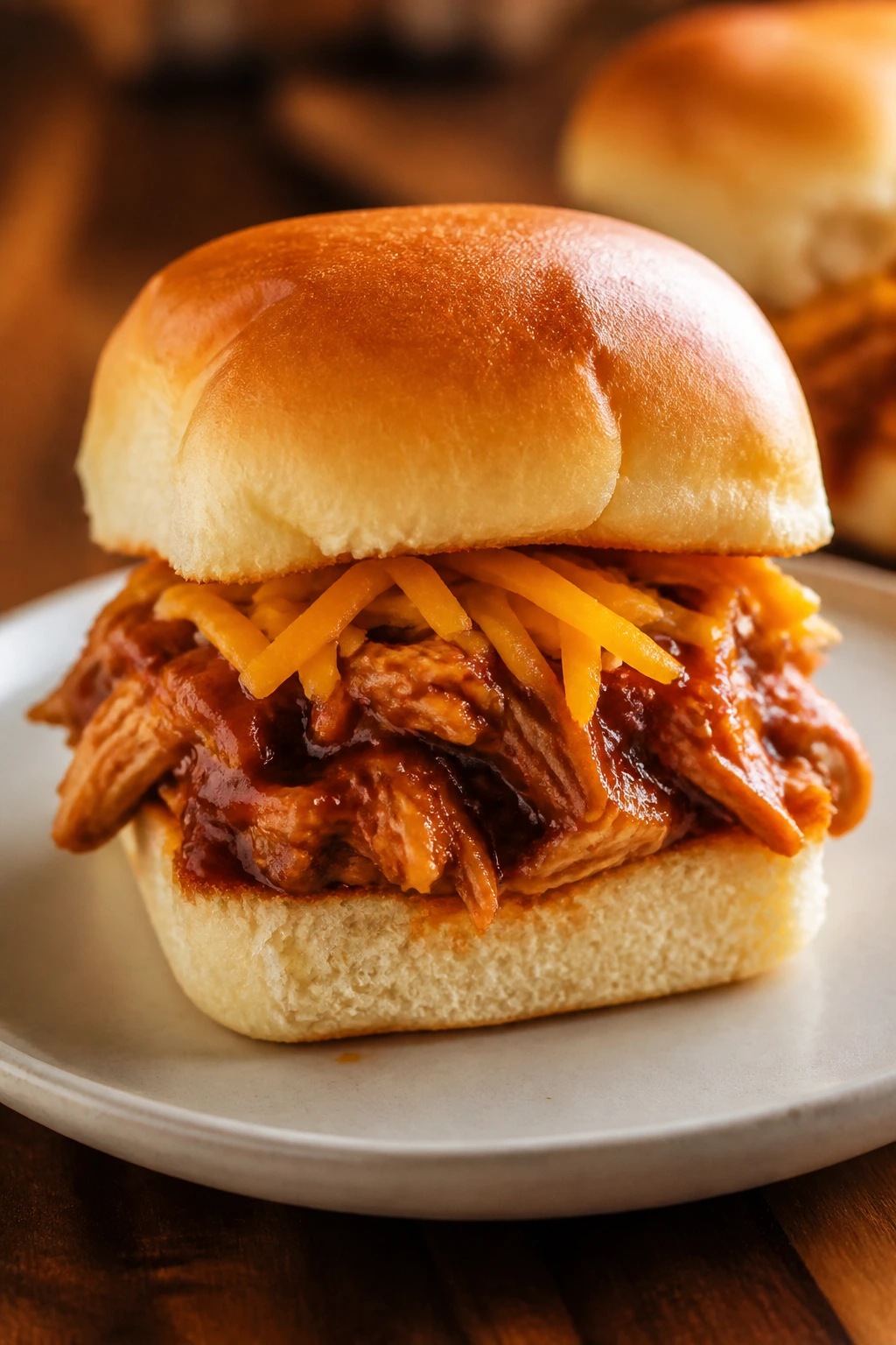 Close-up of BBQ chicken slider with cheddar