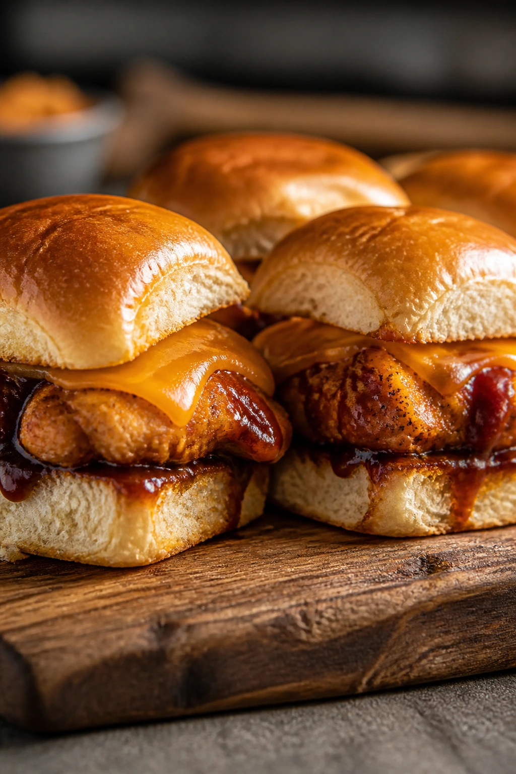 Close-up of BBQ chicken tender sliders on a wooden board