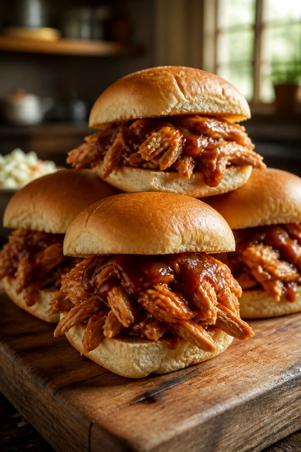 Close-up of BBQ chicken sliders on a rustic wooden board with warm kitchen light