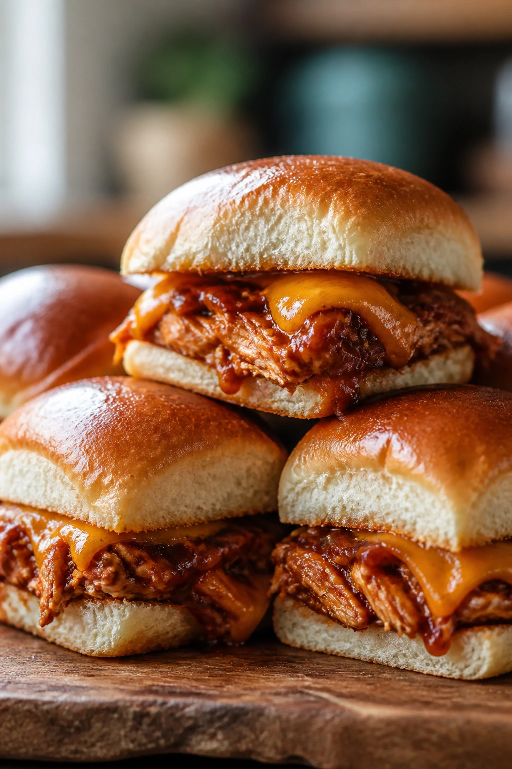 Close-up of BBQ chicken sliders on a wooden board with melted cheese