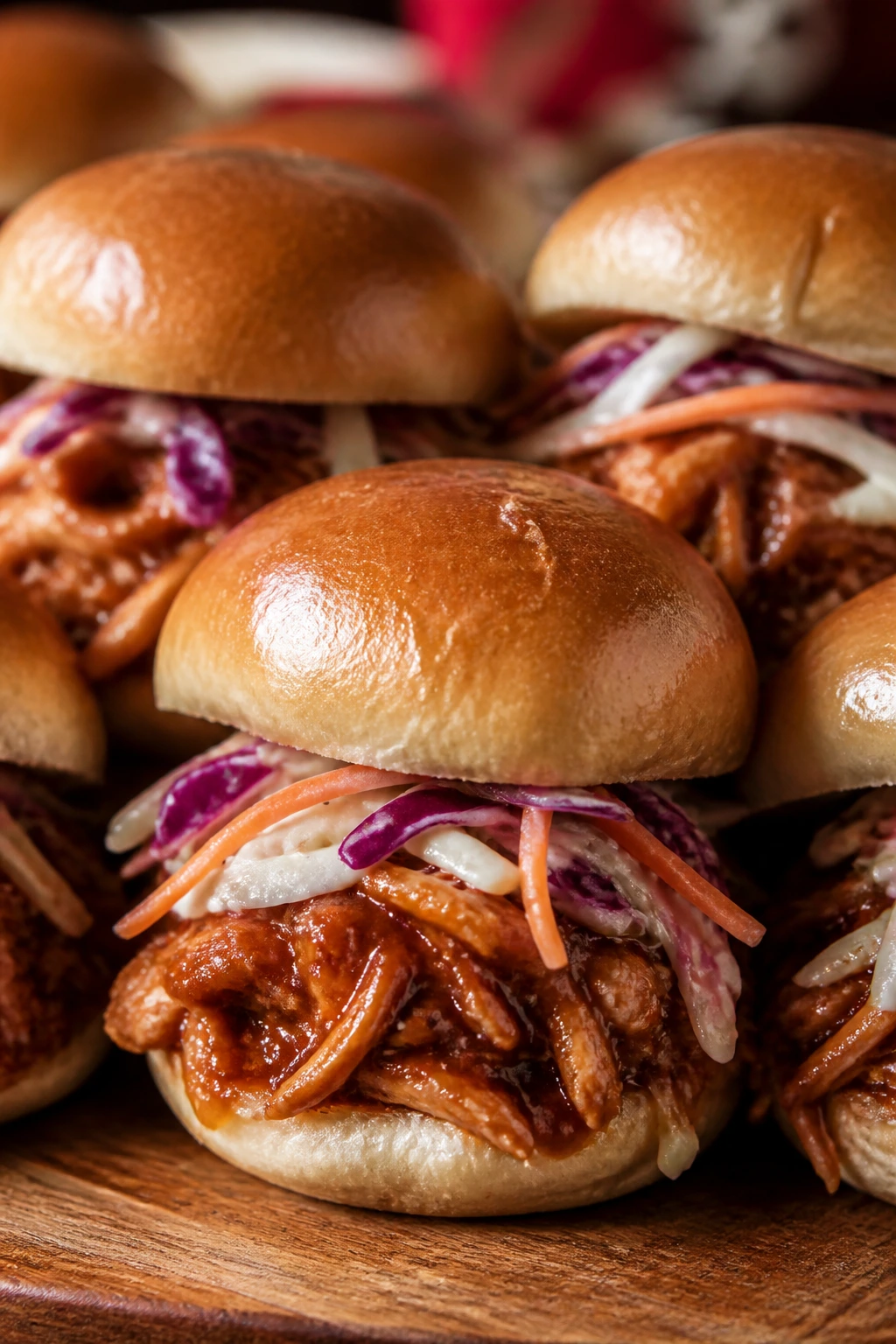 Close-up of BBQ chicken sliders with sauce and slaw on mini buns.