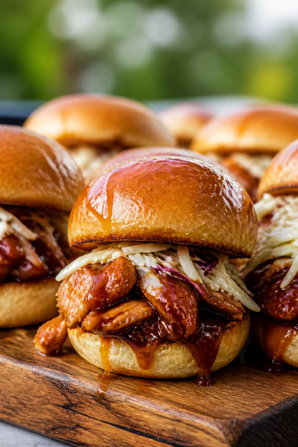 Close-up of BBQ chicken sliders on a wooden board at an outdoor picnic