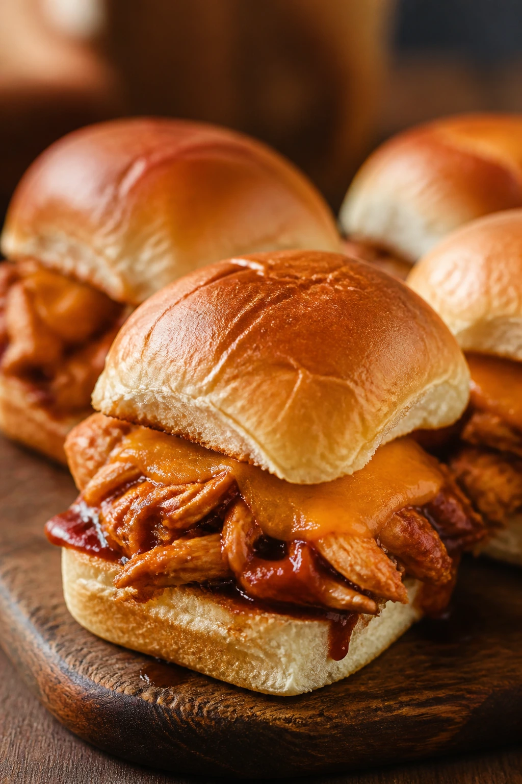 Close-up of BBQ chicken sliders on a wooden board