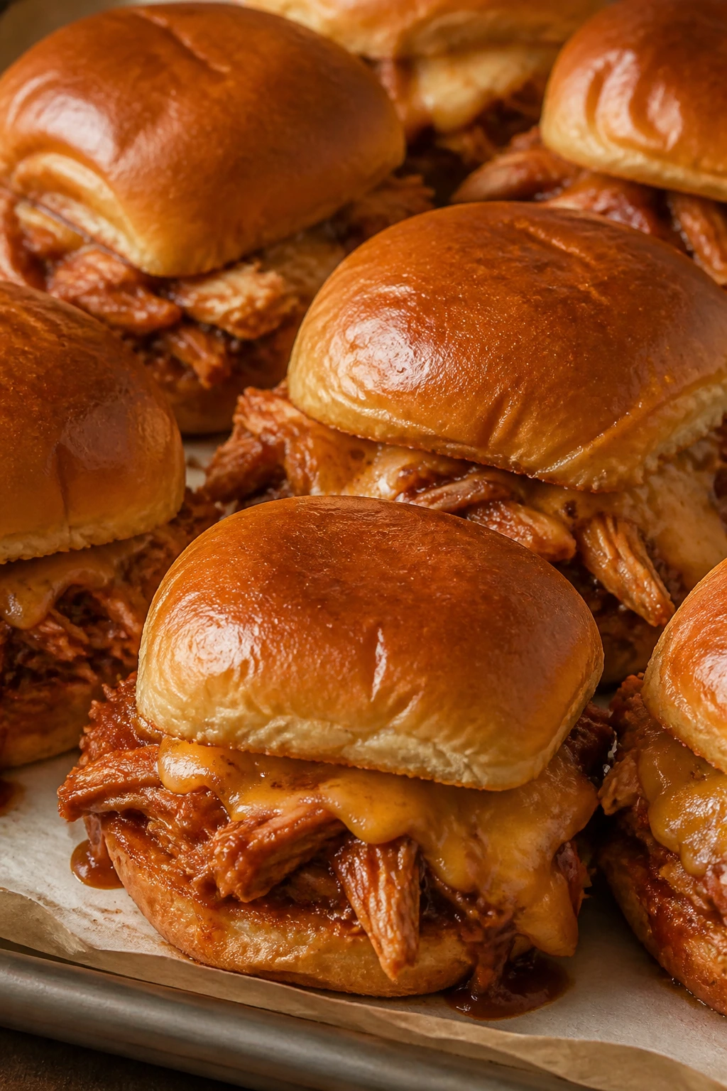 Close-up of BBQ chicken sliders on a parchment-lined tray