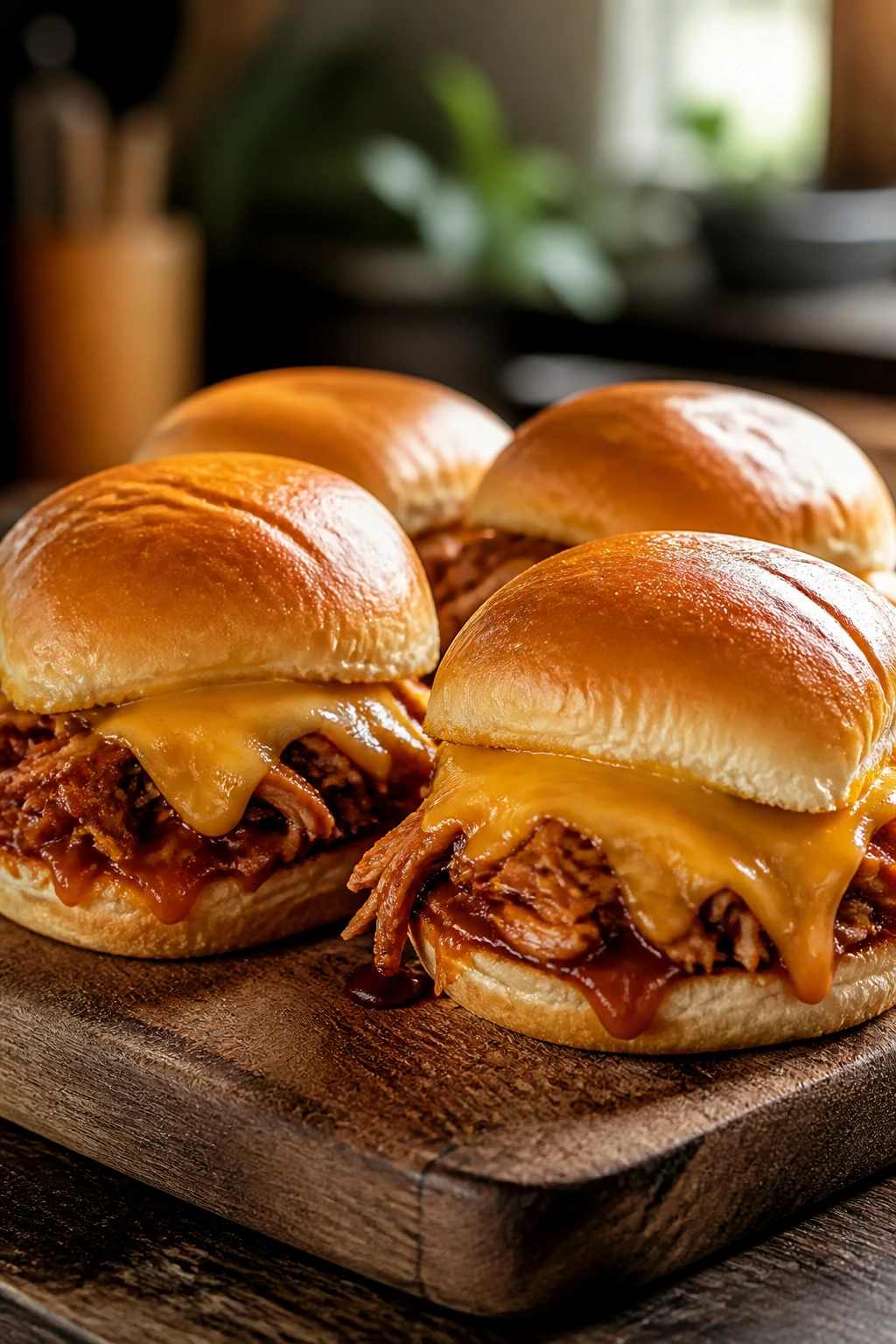 Close-up of BBQ chicken sliders on a wooden board