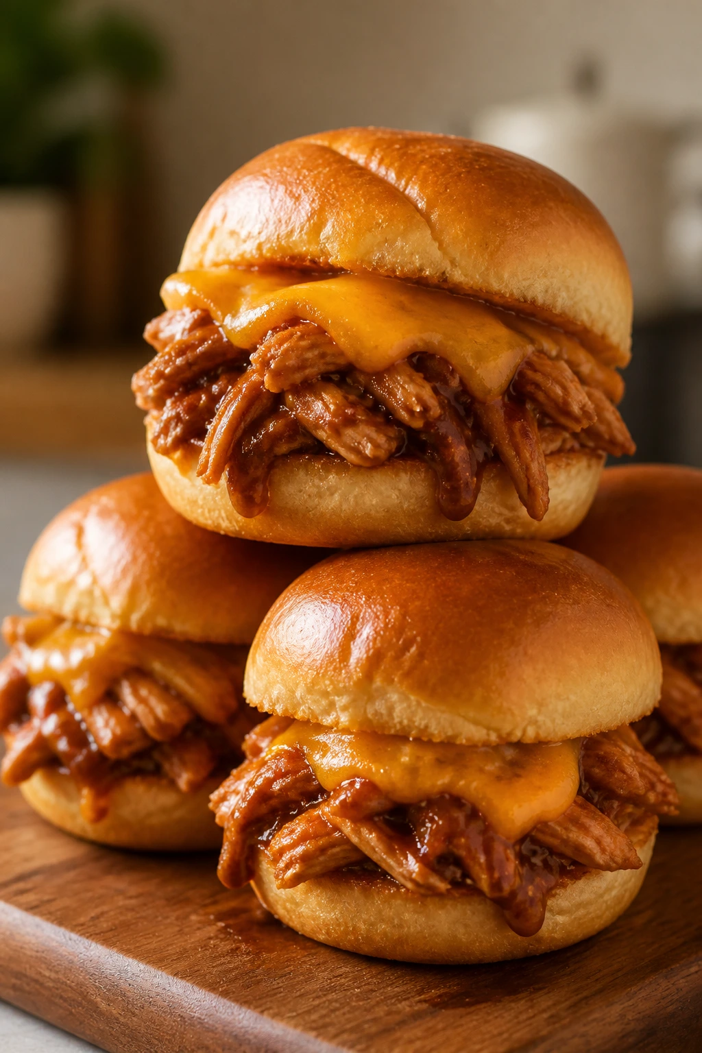 Close-up of BBQ chicken sliders on a wooden board