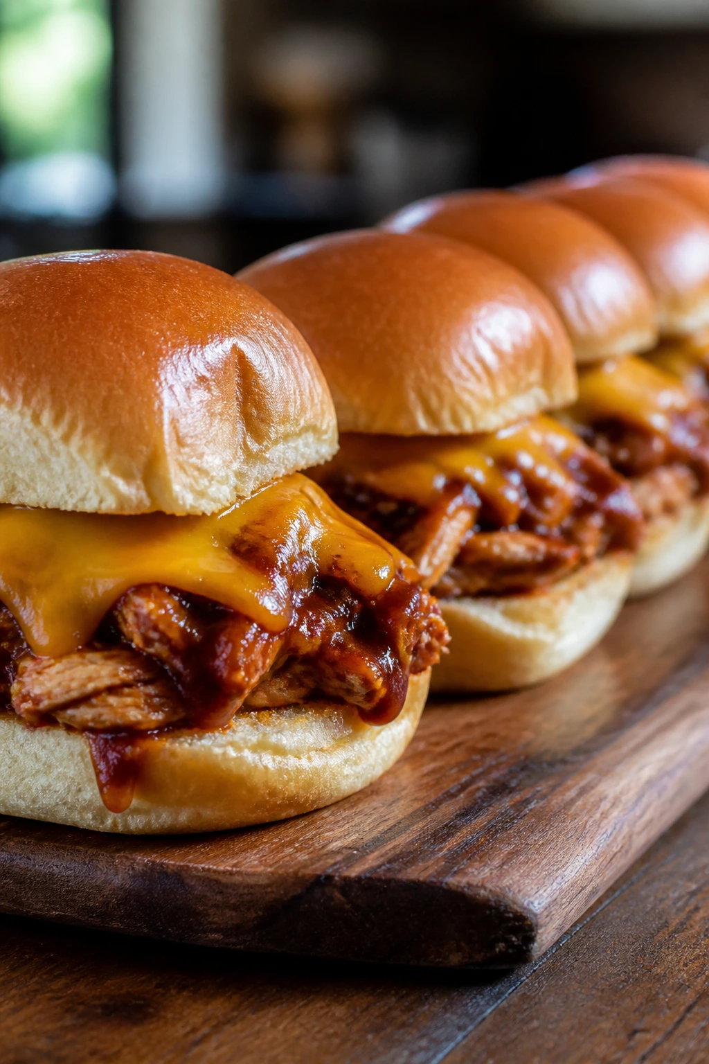 Close-up of BBQ chicken sliders with melted cheese on a wooden board in a cozy kitchen