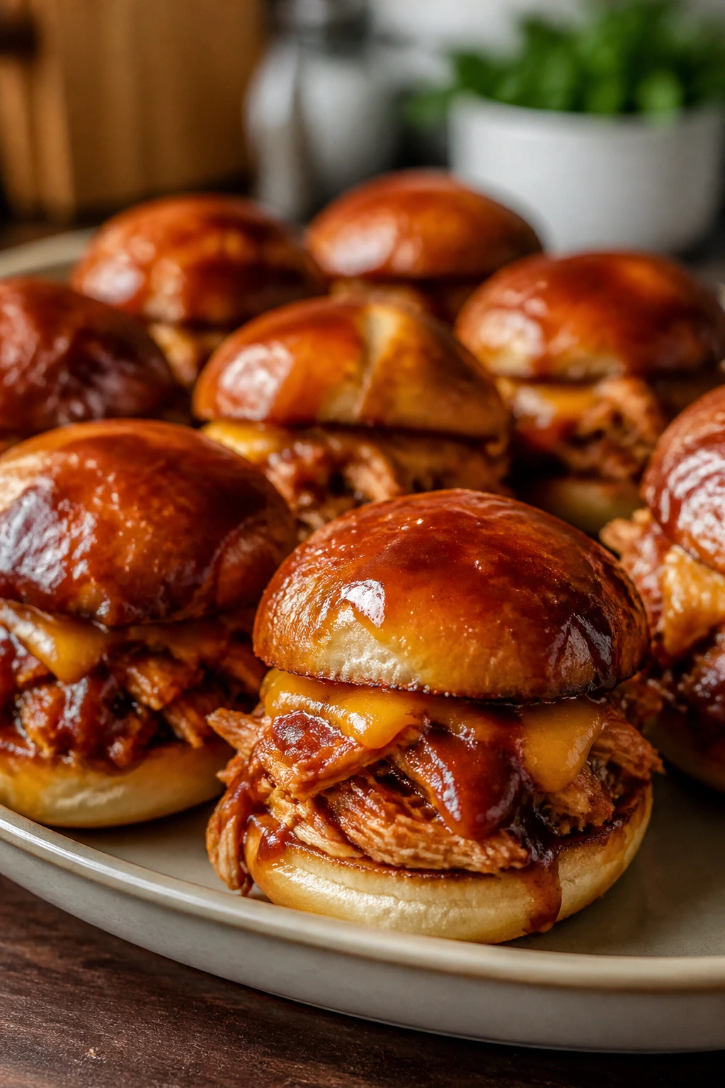 Close-up of BBQ chicken sliders with melted cheese on a platter