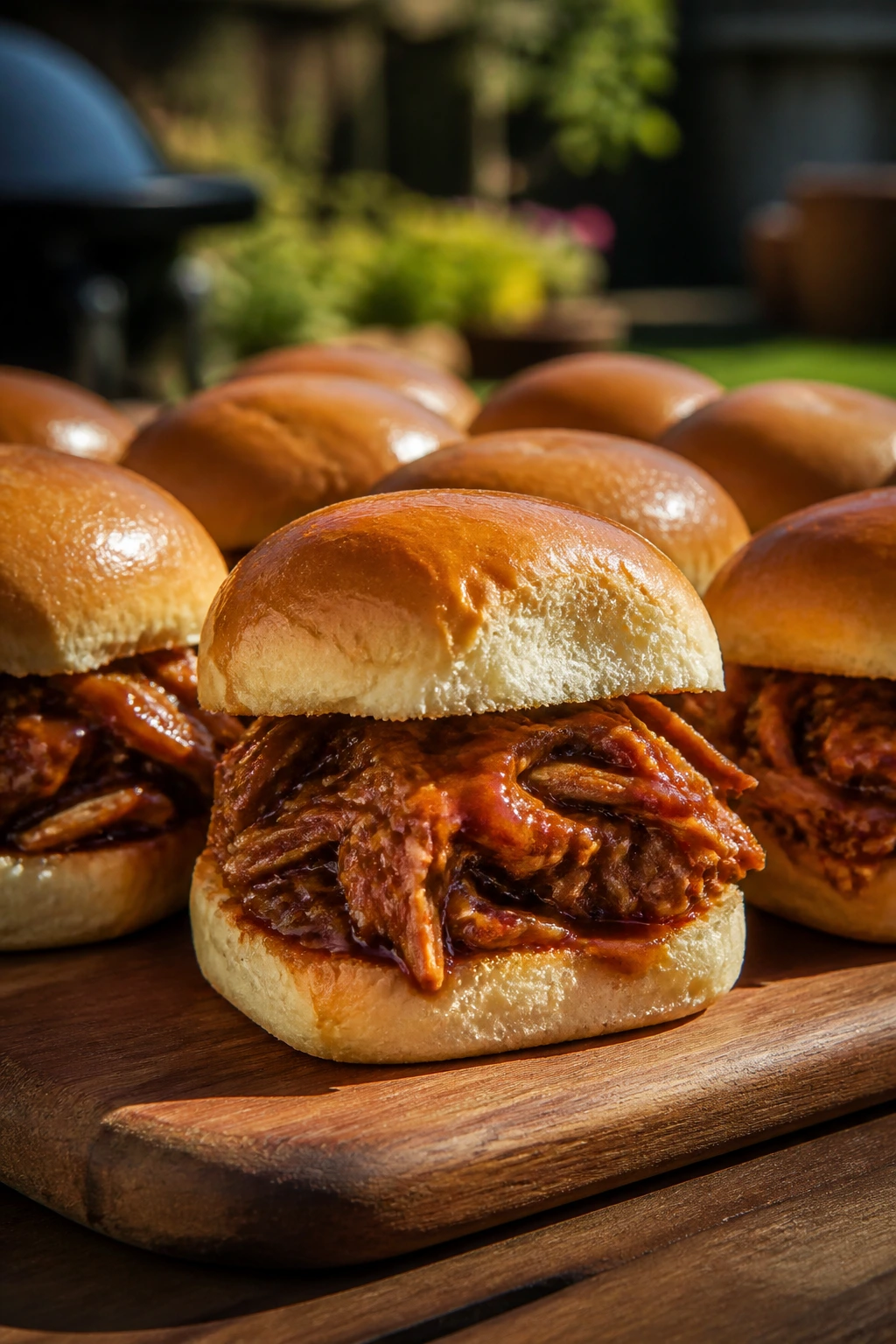 Close-up of bbq chicken sliders on a wooden board outdoors in a sunny backyard