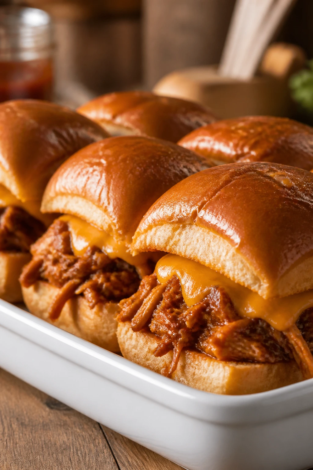 BBQ chicken sliders with cheese on a baking dish