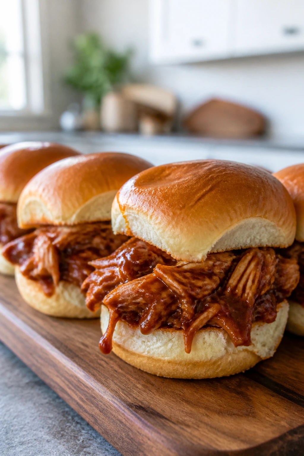 Close-up of BBQ chicken sliders on soft buns