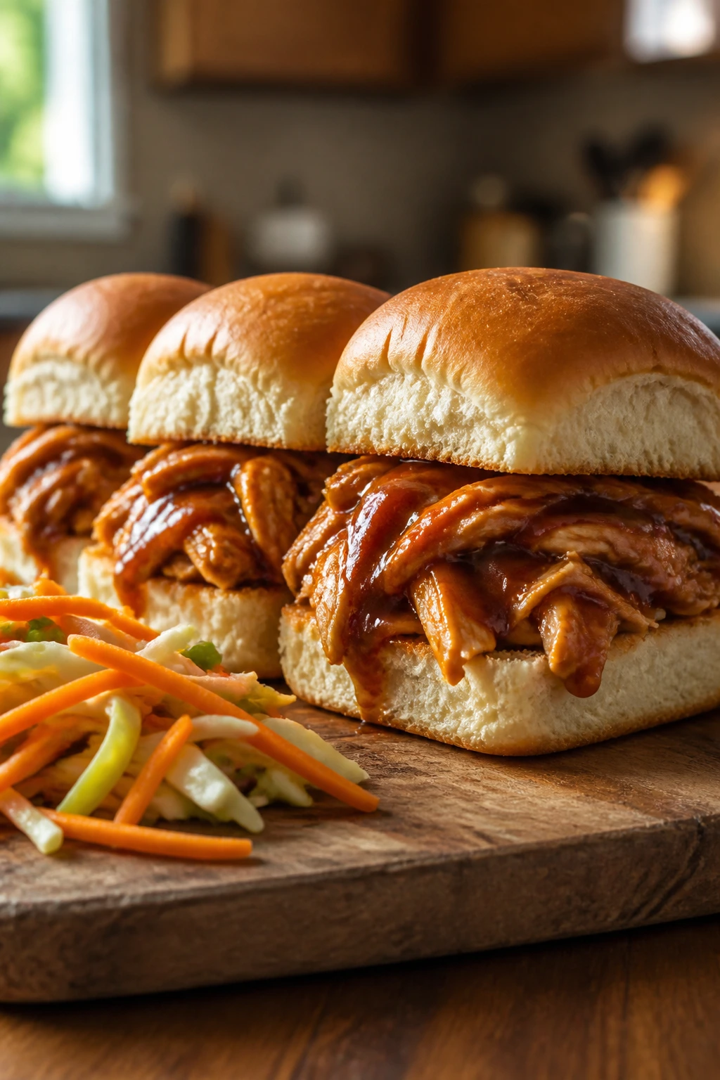 Close-up of BBQ chicken sliders with carrot slaw on a wooden board.