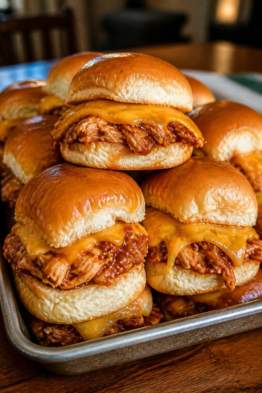 Close-up of BBQ chicken sliders with melted cheese on buns