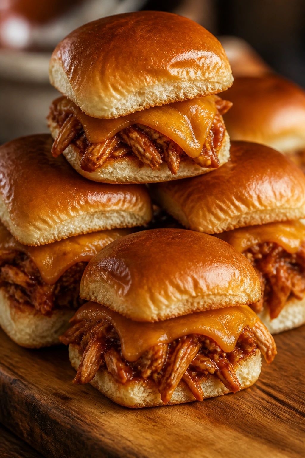 Stacked BBQ chicken sliders on a wooden board