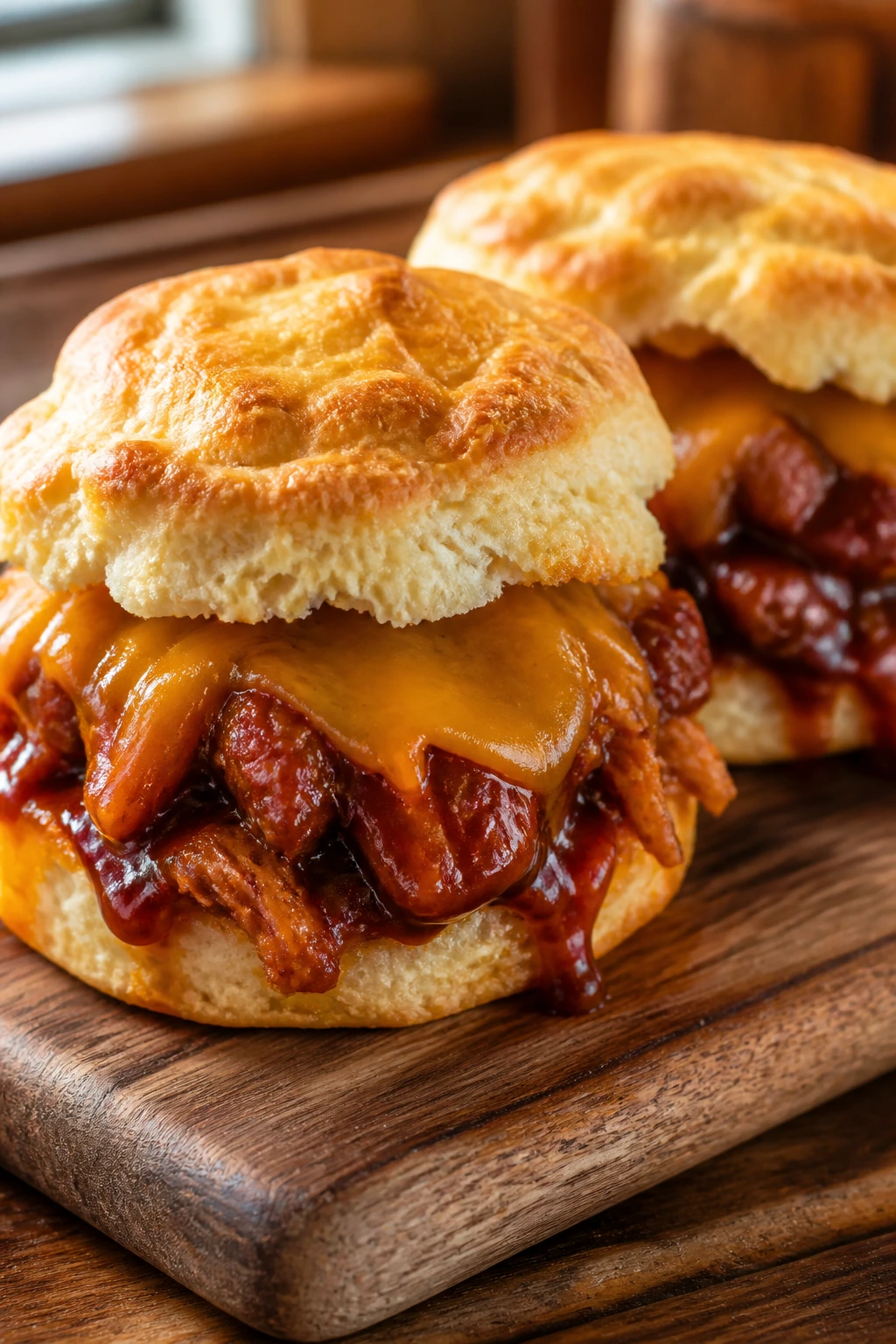 Two BBQ chicken biscuit sliders on a wooden board