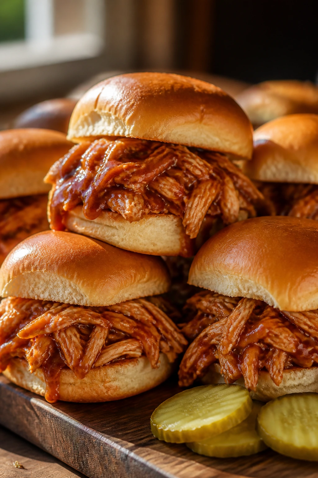 Close-up of BBQ chicken sliders on a rustic board with pickles, warm kitchen light