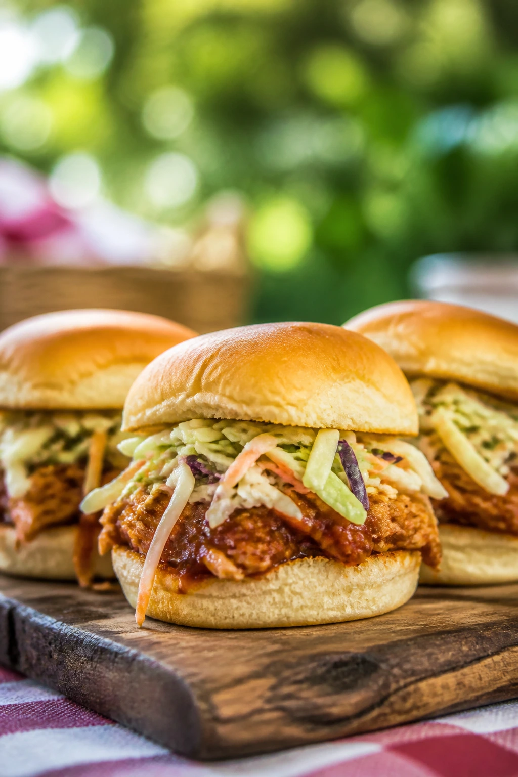 Close-up of BBQ chicken sliders with crisp slaw on a rustic board outdoors