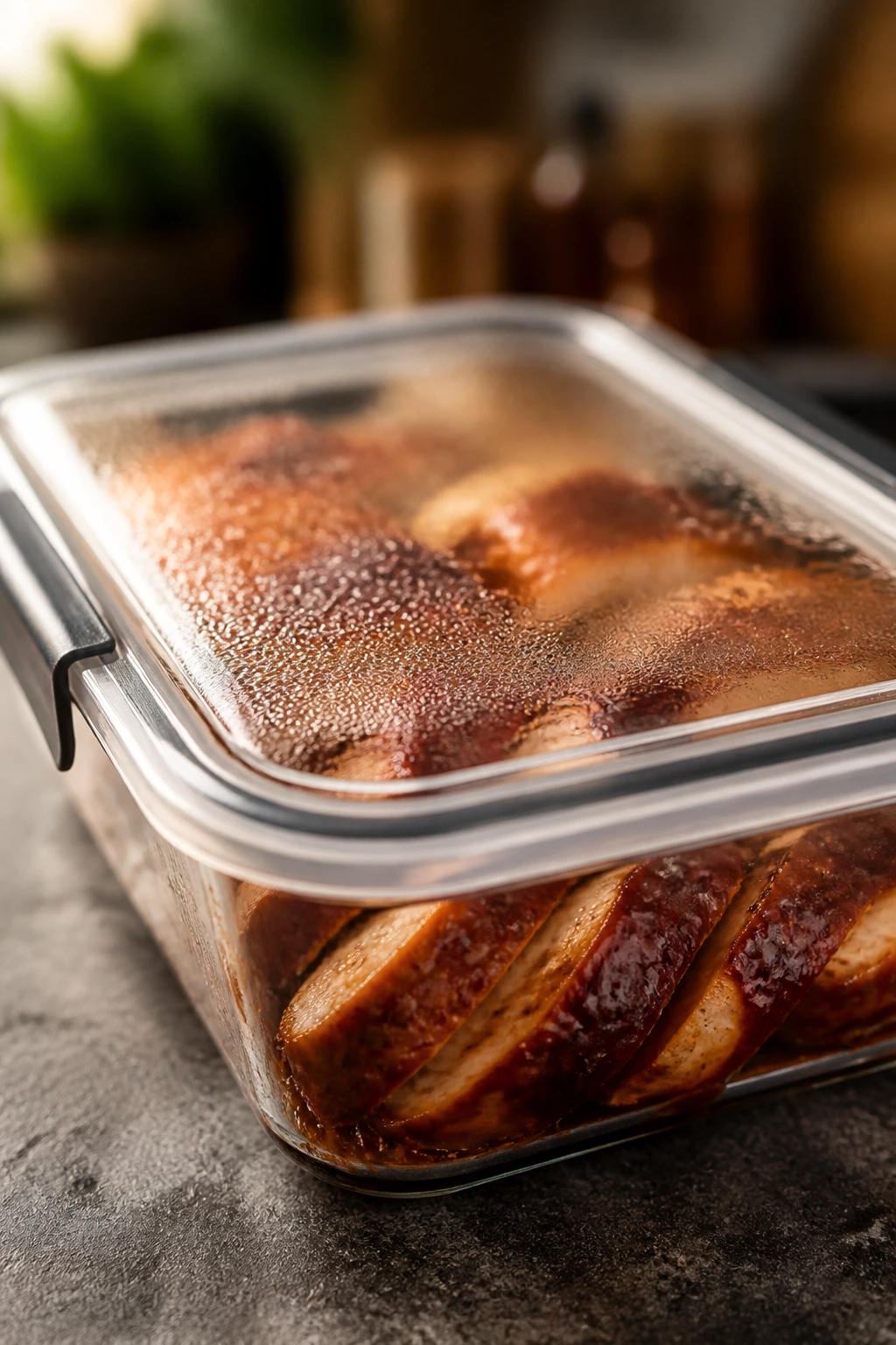 Airtight container of BBQ chicken for make-ahead storage