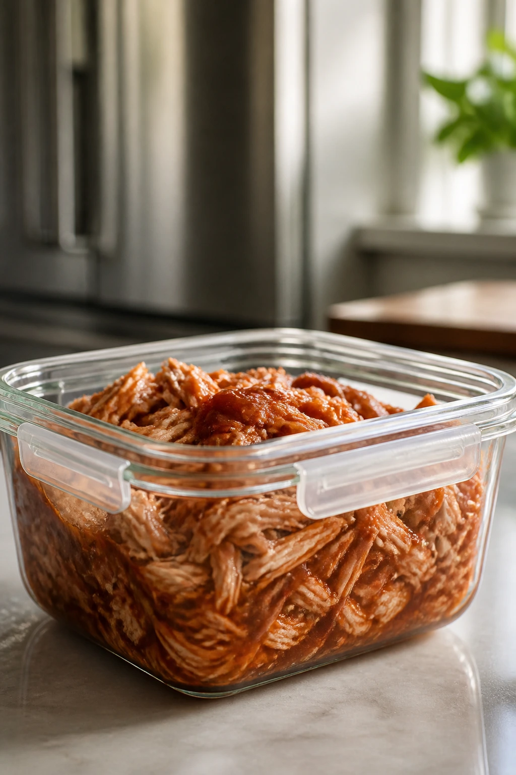 Glass storage container with BBQ chicken filling ready for storage and later reheating.