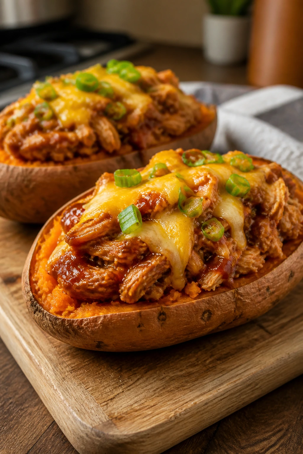 Halved sweet potato stuffed with BBQ chicken and melted cheese