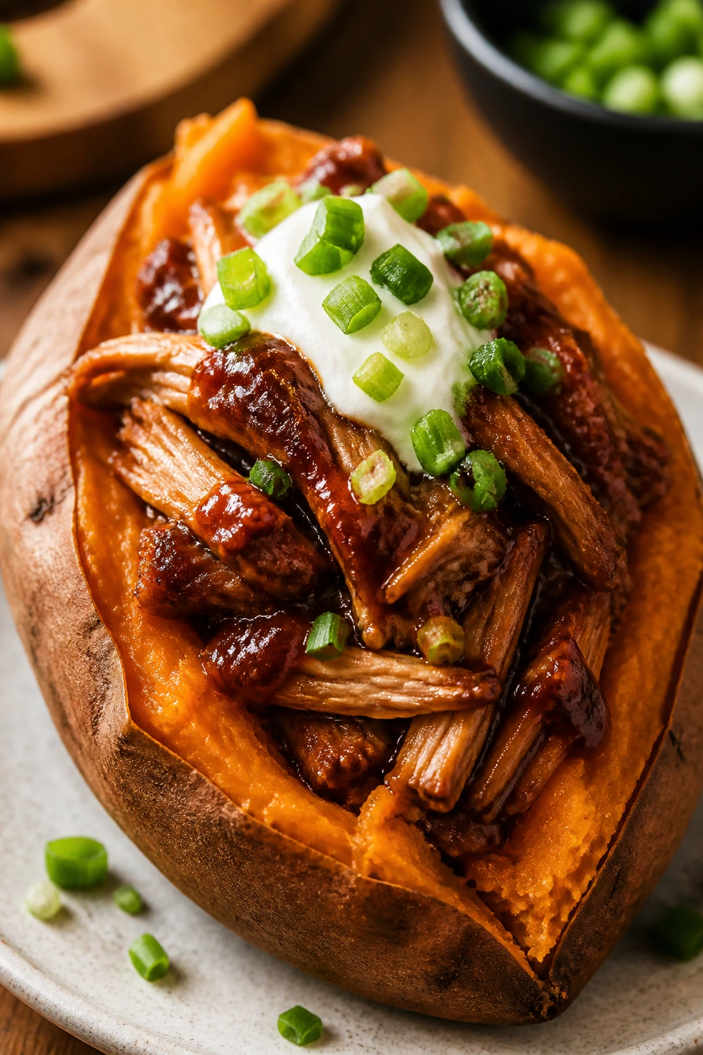 Halved sweet potato stuffed with BBQ chicken and yogurt