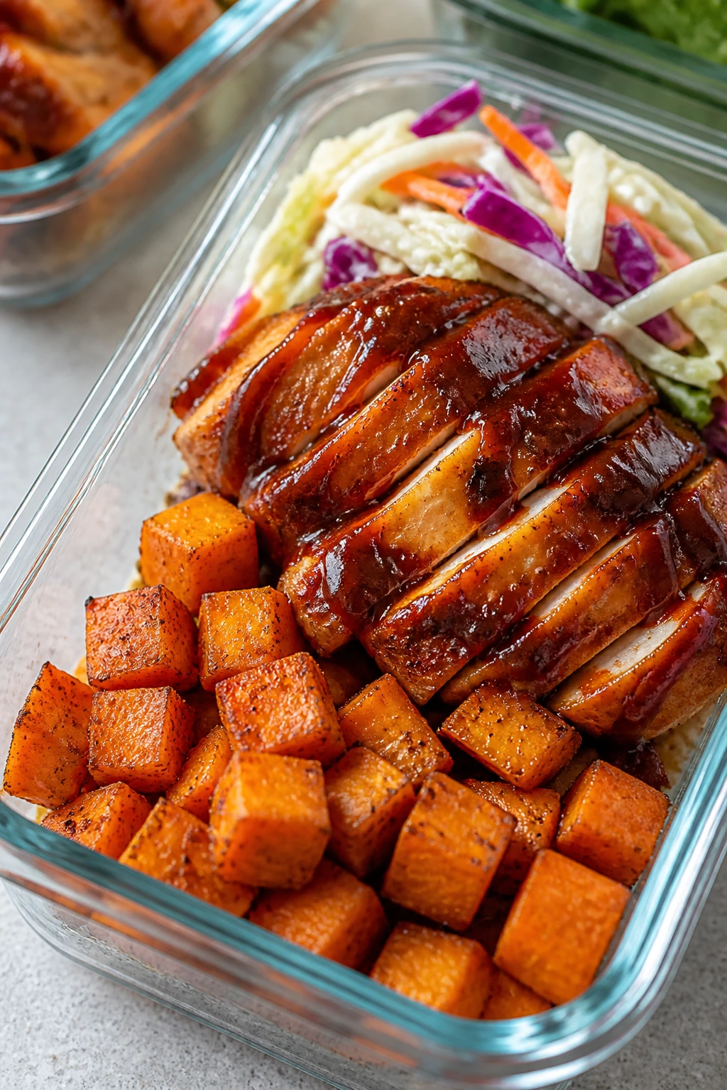 Close-up of BBQ Chicken Sweet Potato Meal Prep in a meal-prep container