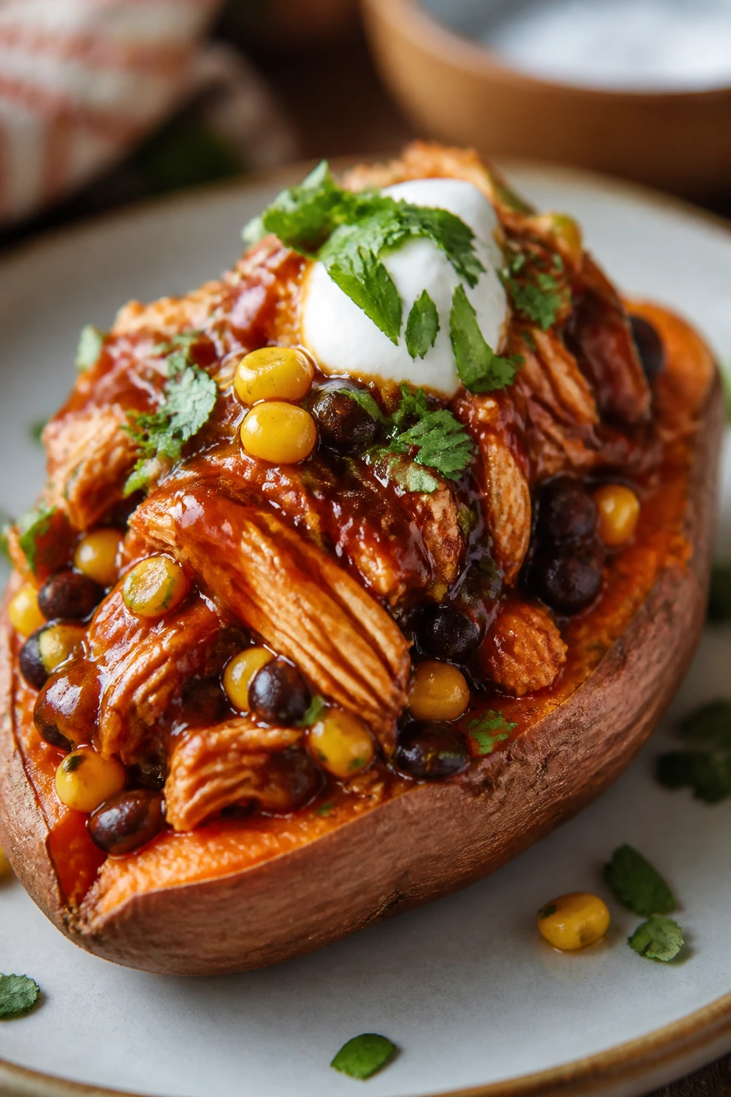 Sweet potato boat stuffed with BBQ chicken and beans on plate