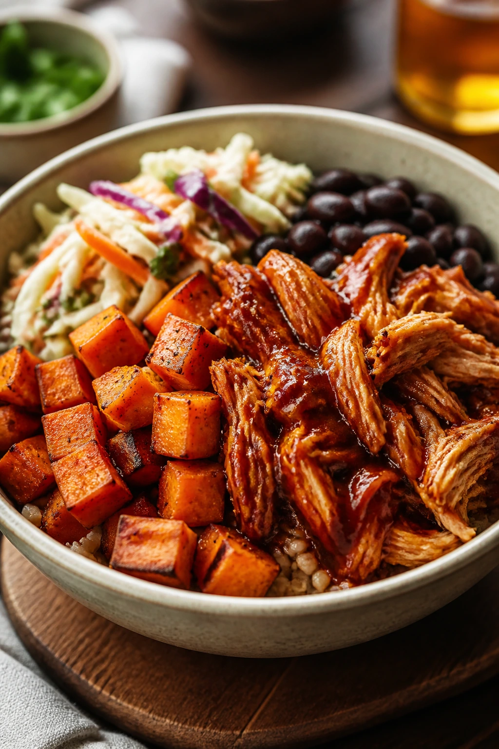 Close-up of BBQ chicken sweet potato bowls with toppings