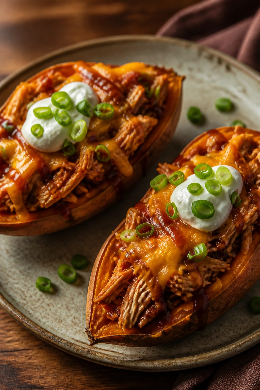 Sweet potato skins filled with BBQ chicken and melted cheese