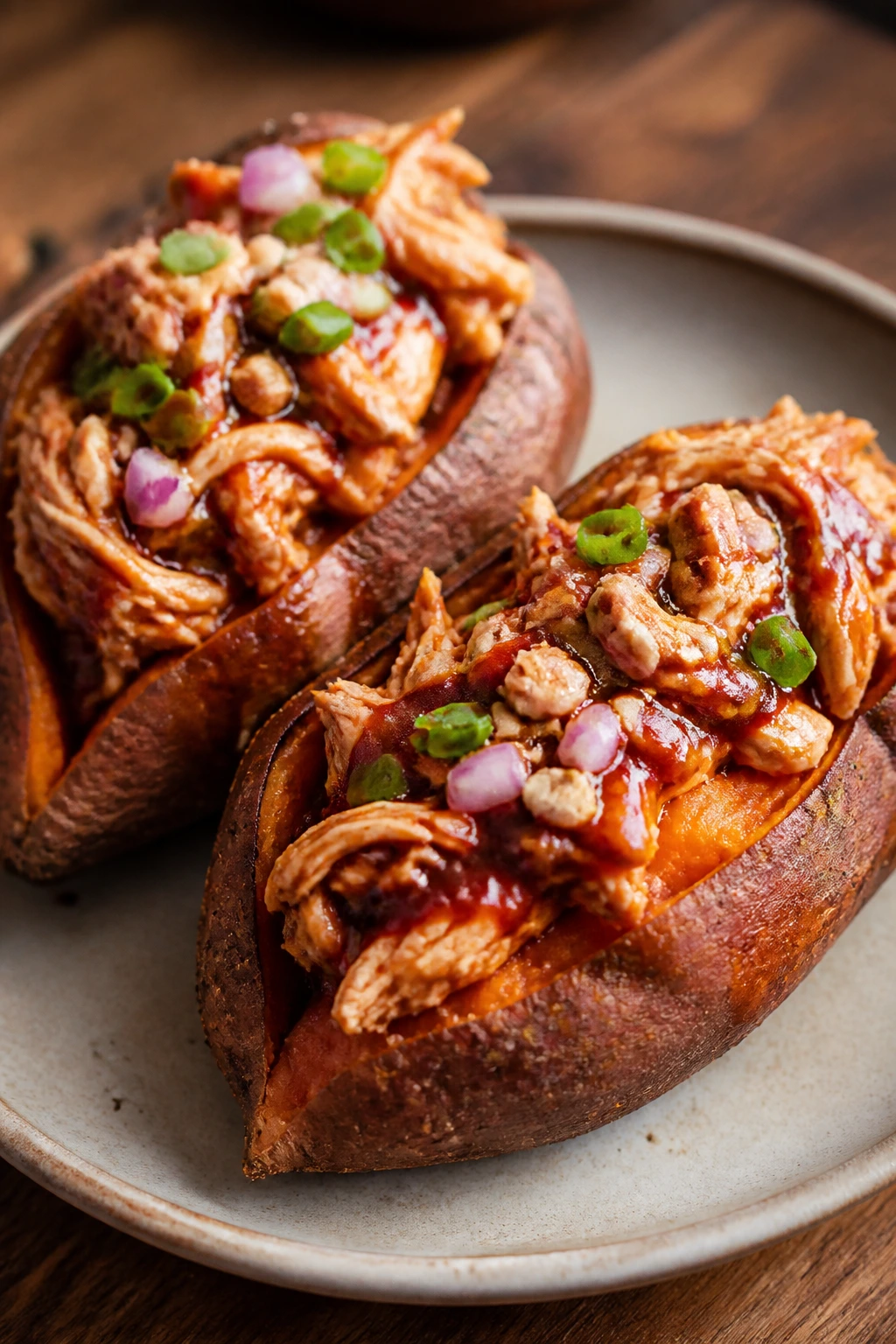Halved baked sweet potatoes stuffed with BBQ chicken and toppings