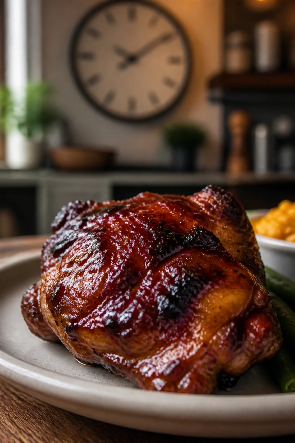 Juicy glazed chicken thigh with clock in the background indicating timing and yield