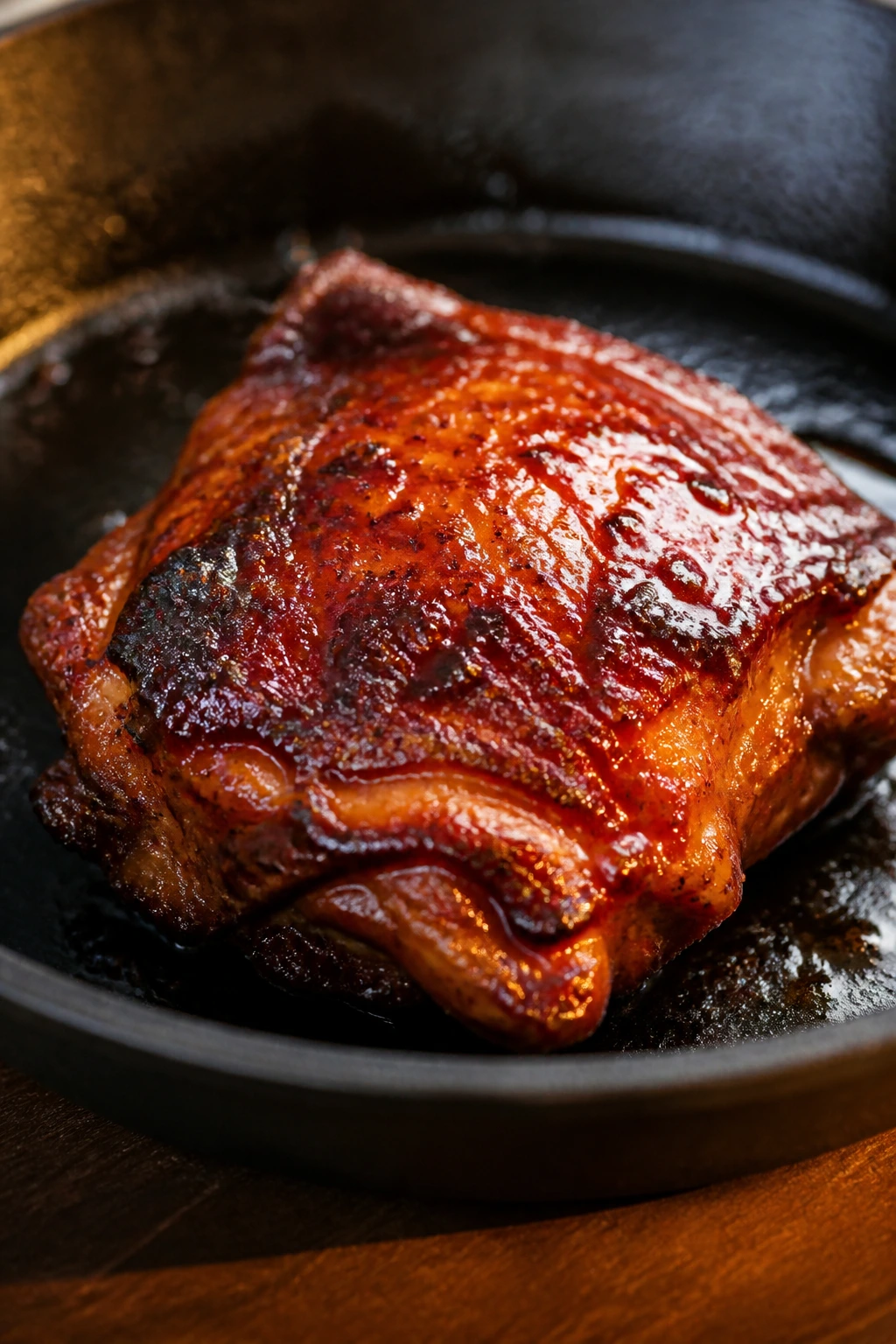 Glazed BBQ chicken thigh in a bright kitchen