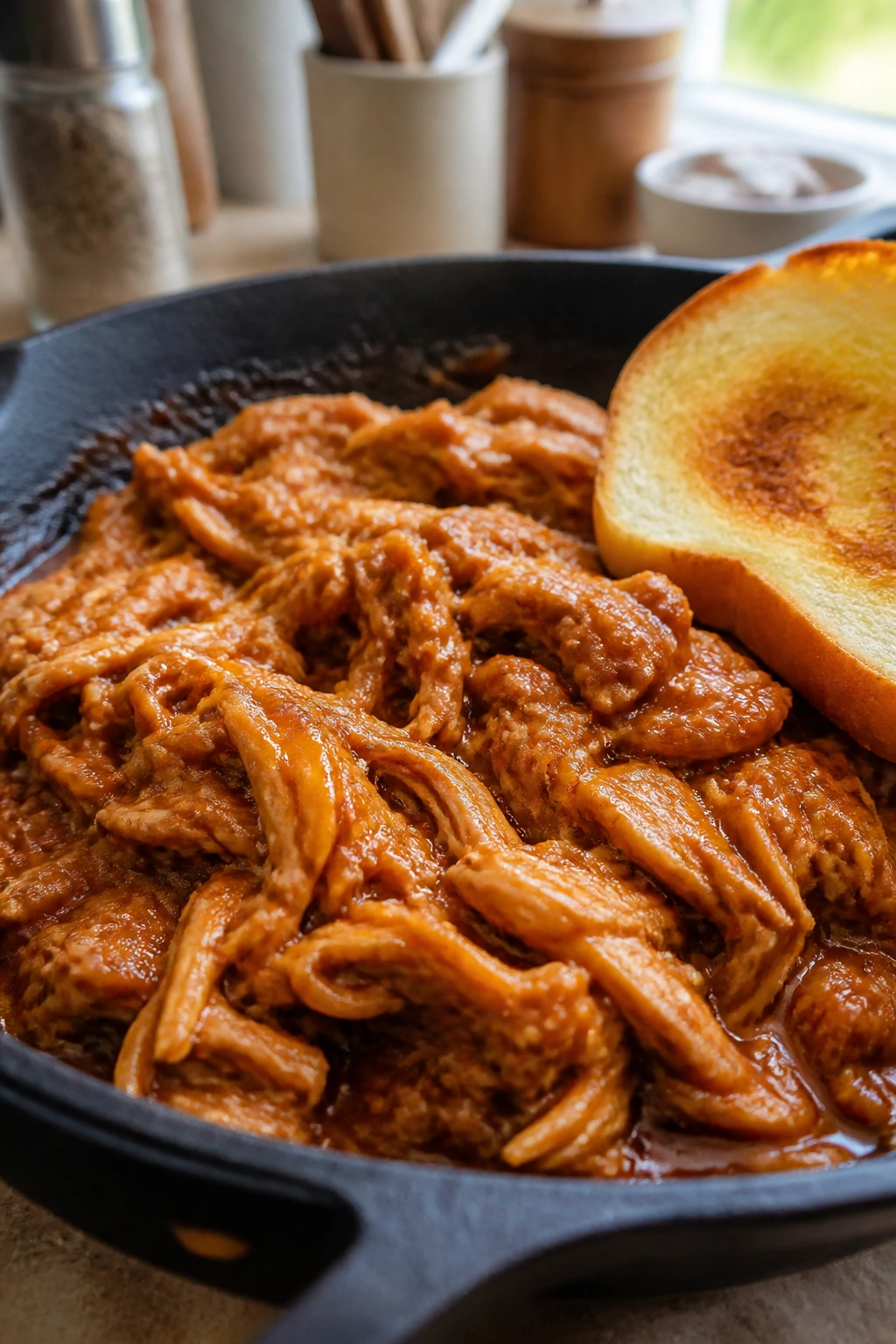 Close-up of creamy BBQ chicken filling with a buttered bun edge visible.