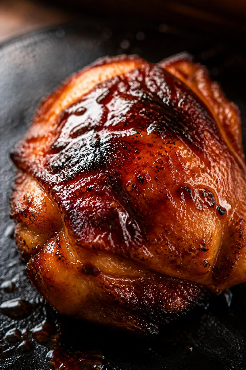 Single glazed chicken thigh with varied caramelized tones