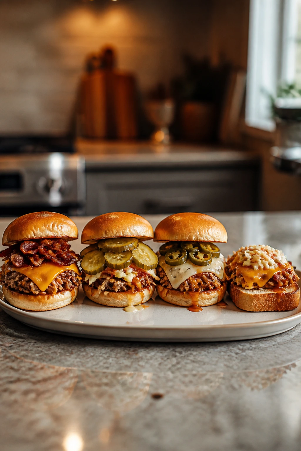 Plate with four mini BBQ chicken sandwich variations showing different toppings.