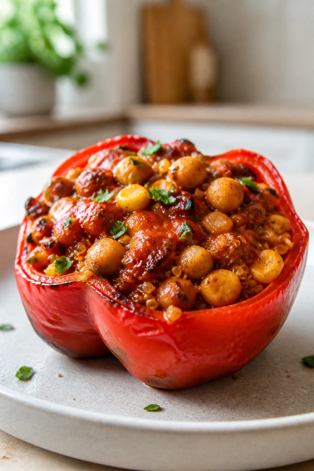 Close-up of BBQ chickpea stuffed pepper on plate