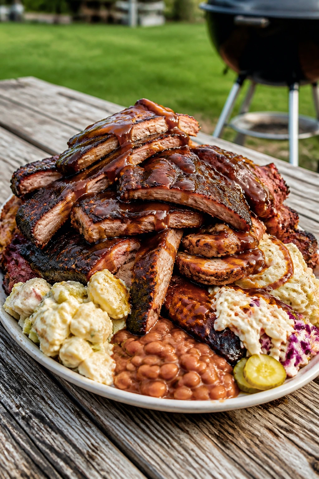 Overloaded backyard BBQ platter with stacked meat and uneven glaze on a wooden table