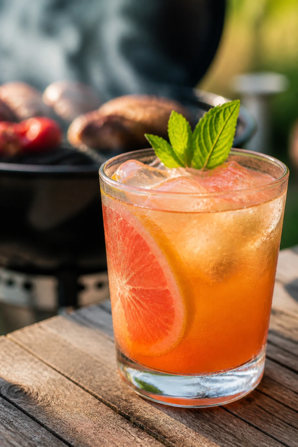 Close-up of a BBQ drink on a wooden table with grill in the background