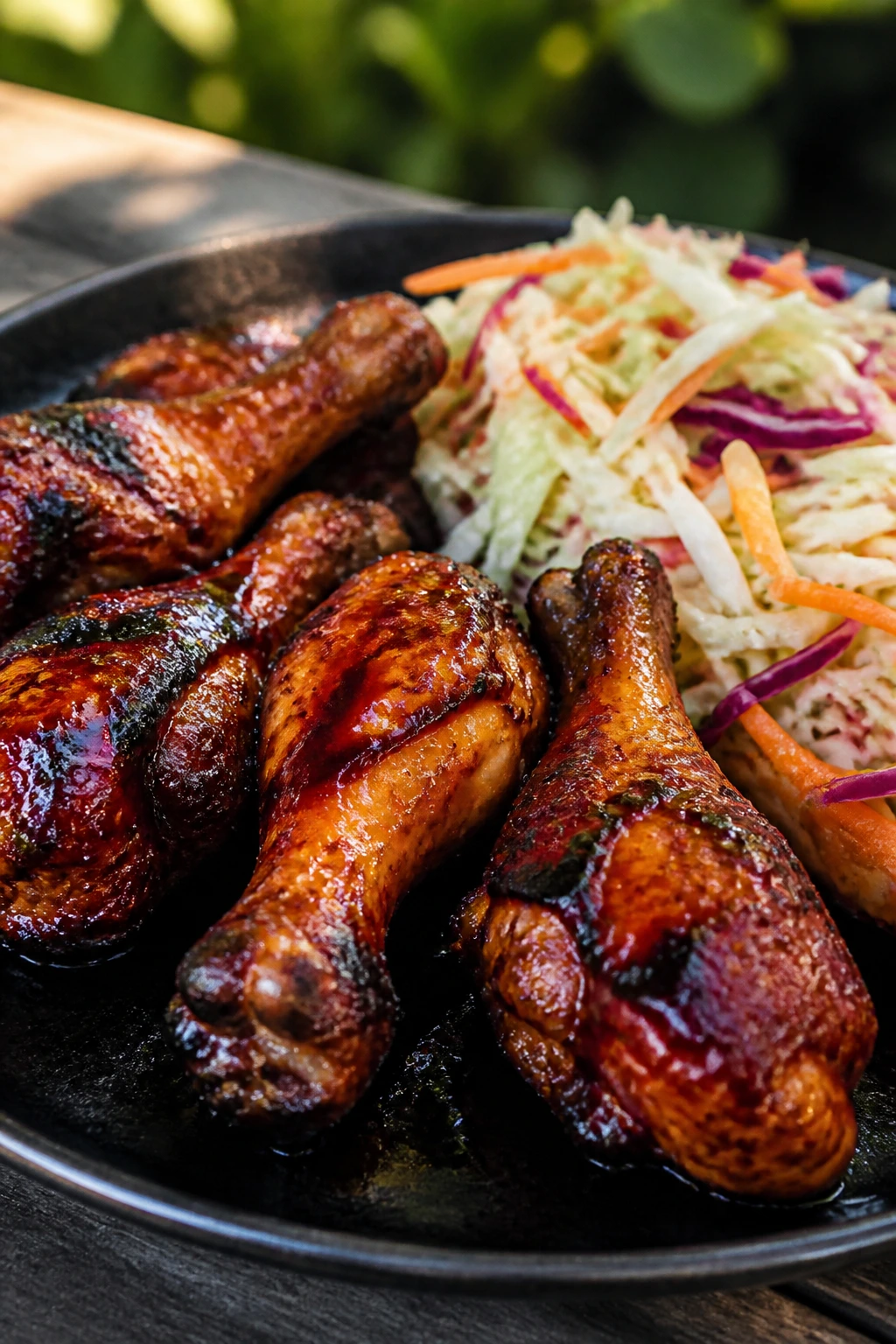 Close-up of BBQ drumsticks with vinegar slaw on a platter outdoors