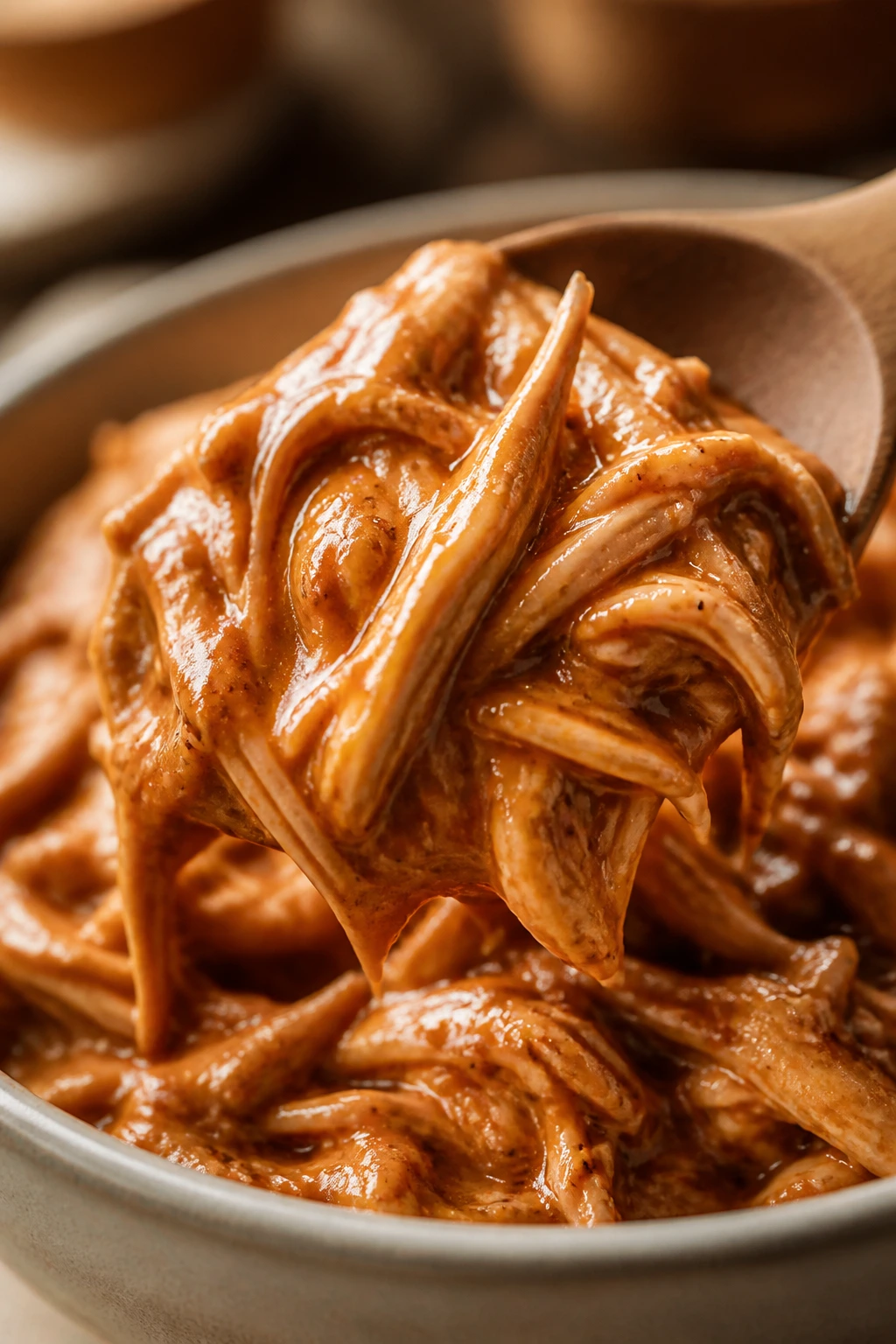 Close-up of creamy BBQ chicken filling on a spoon