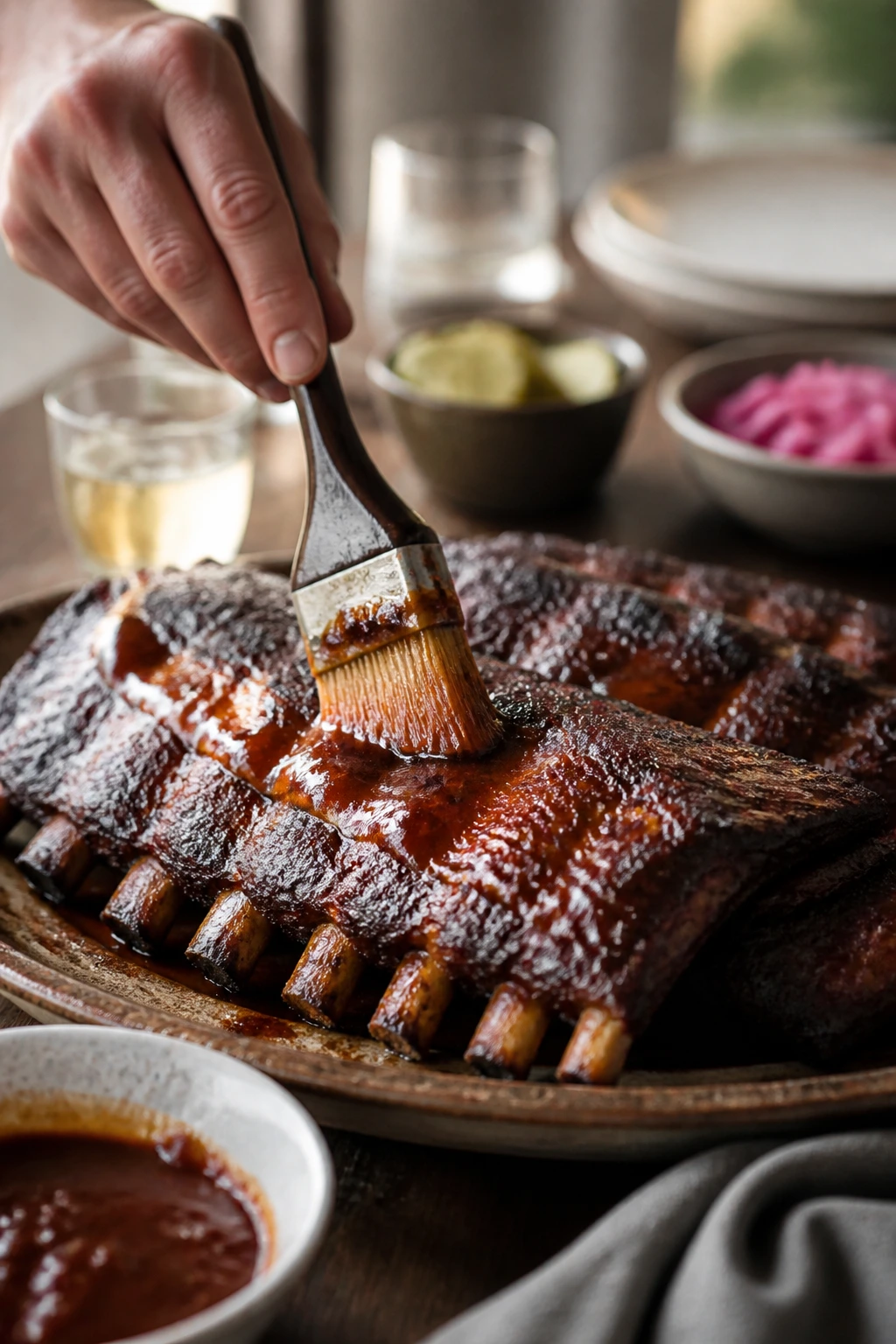Hand applying final glaze to charred tangy BBQ ribs on a platter