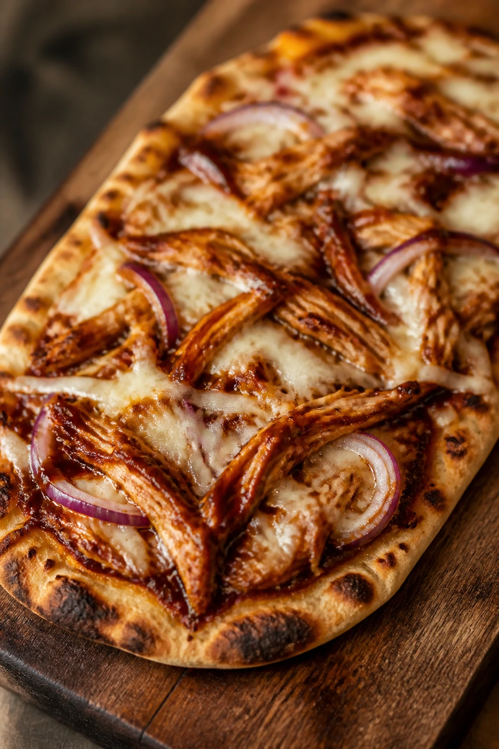 Close-up of BBQ chicken flatbread with melted cheese and onion