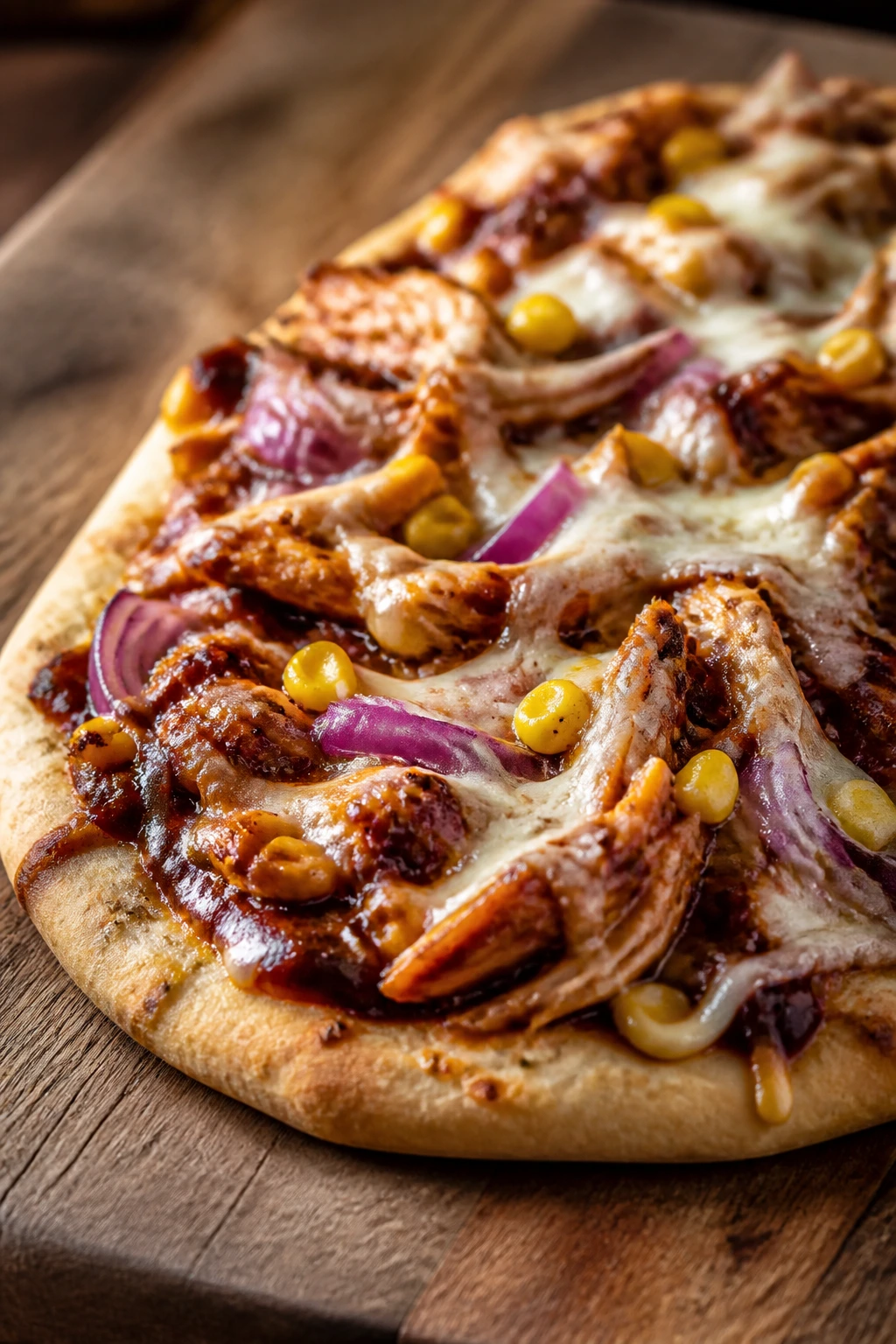 BBQ chicken flatbread with corn and red onion on a wooden board
