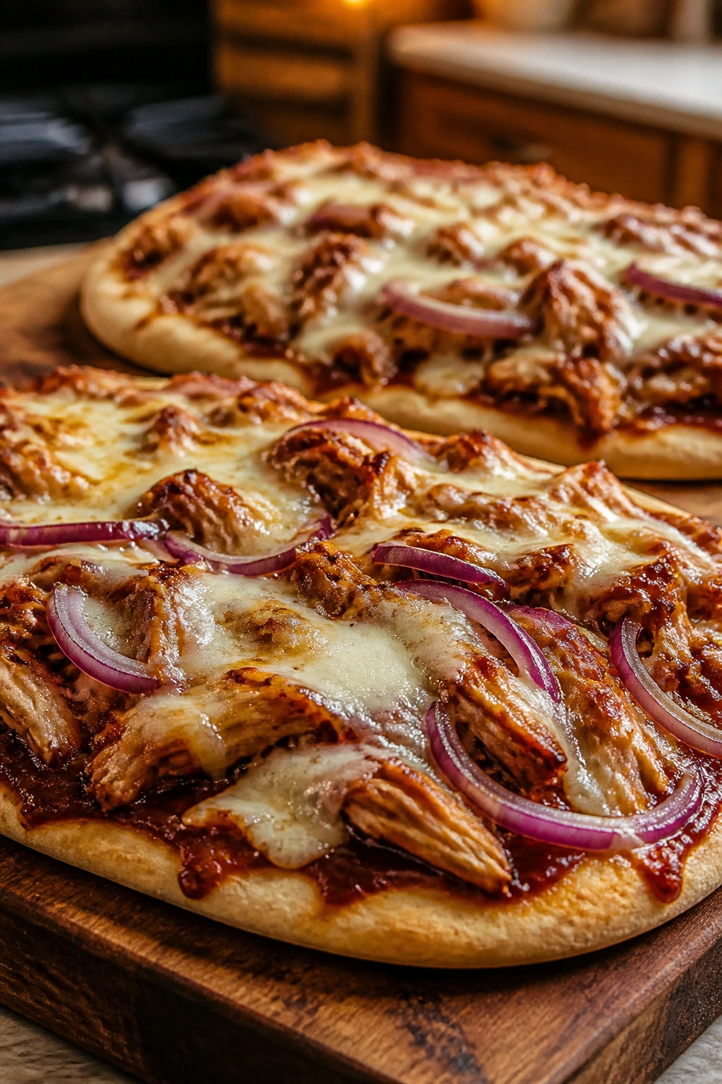 Close-up of BBQ chicken flatbreads on a wooden board