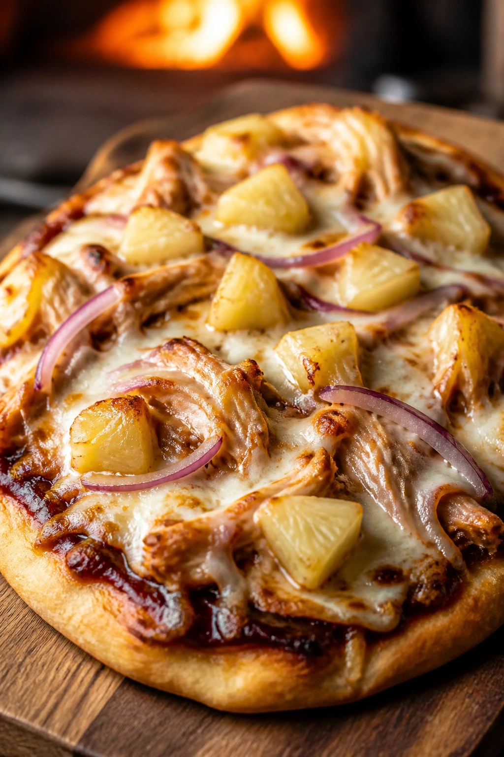 Close-up of BBQ chicken flatbread with melted cheese on a wooden board in a sunny kitchen