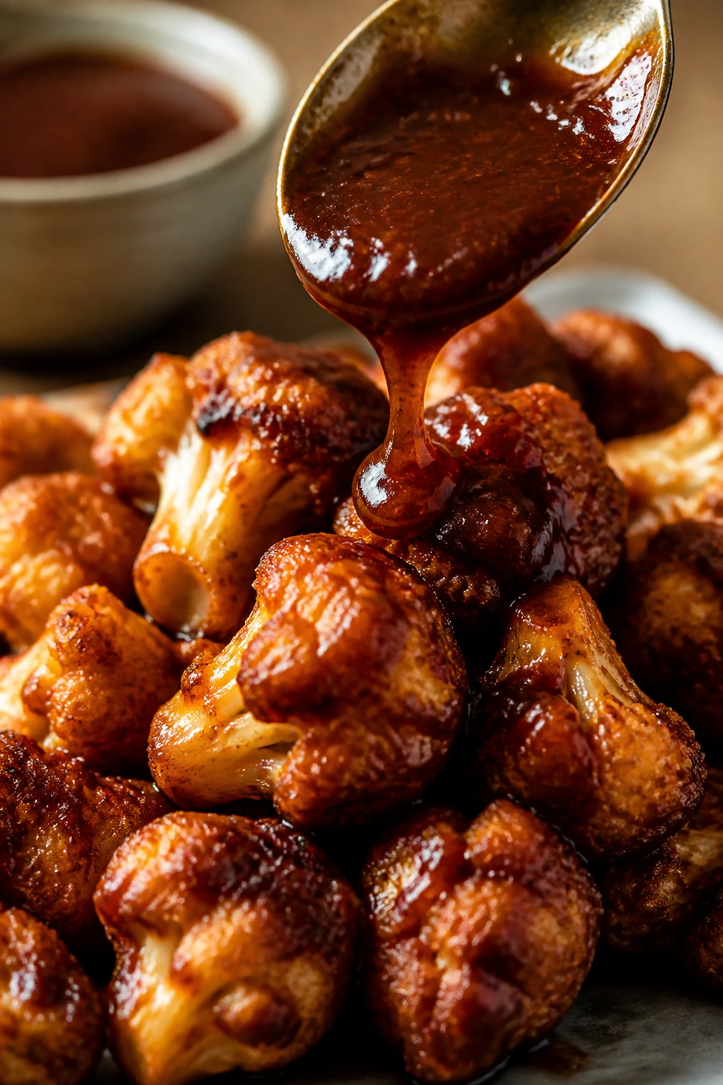 Spoon dripping BBQ glaze over cauliflower wings showing flavor boosters